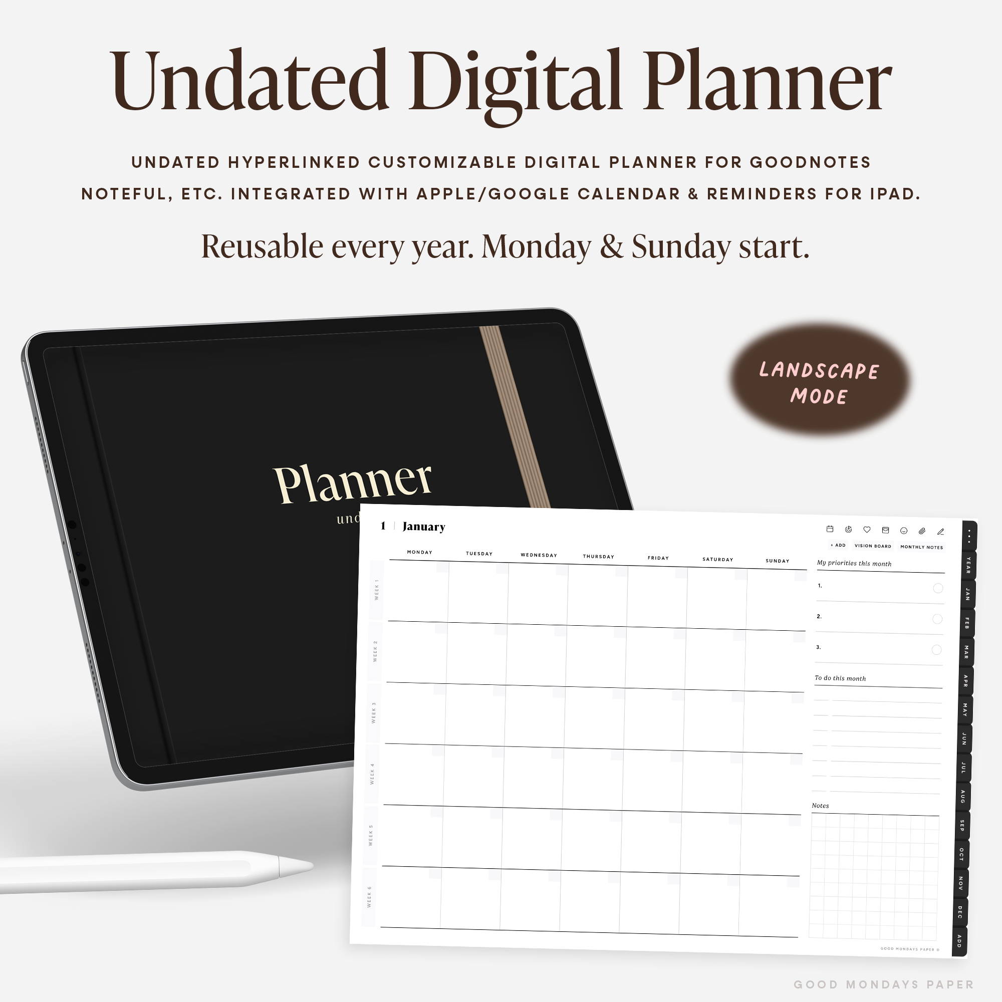 Undated Landscape Digital Planner – Good Mondays Paper