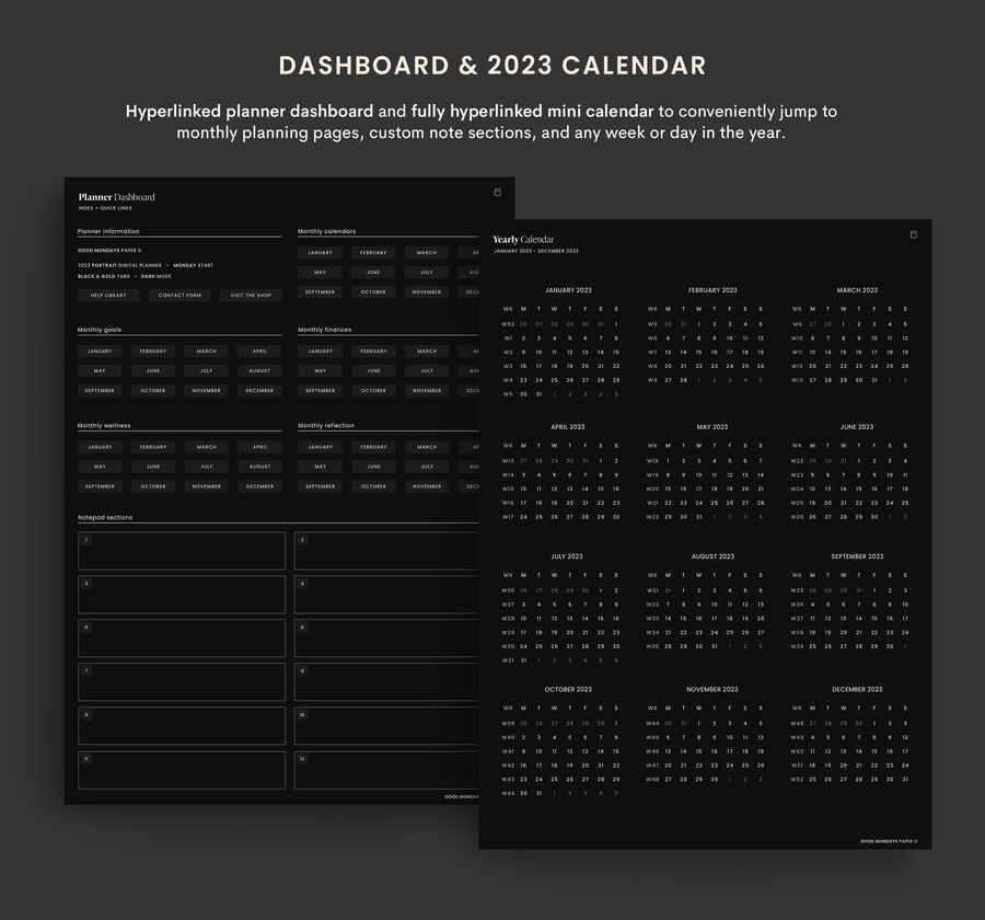 2023 Portrait Digital Planner - Dark Mode